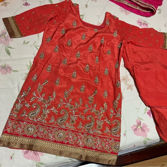 peachy orange punjabi suit with full heavy embroidery and patiyala salwar - Picture 1 of 7